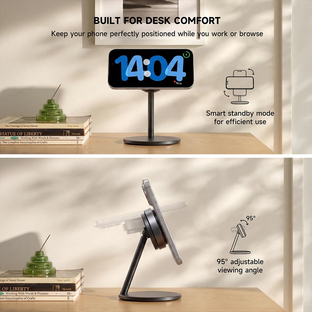A dual-panel product showcase of a black digital wireless charging phone stand on a wooden desk. The top panel shows the phone docked vertically with text reading "BUILT FOR DESK COMFORT" and "Smart standby mode for efficient use." #color_gray
