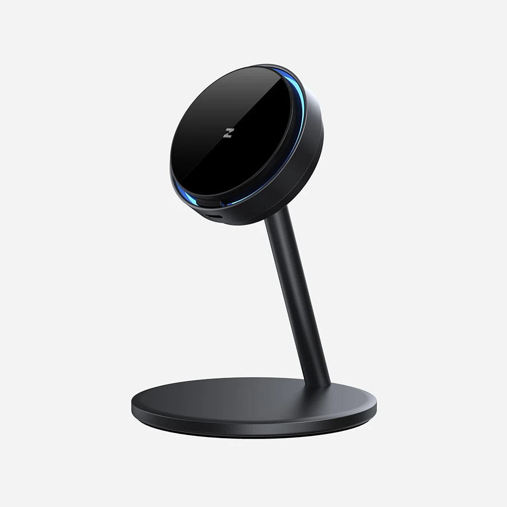 A sleek black wireless charging stand with a circular base and a tilted charging pad, accented by a blue LED ring, shown on a light gray background. #color_gray
