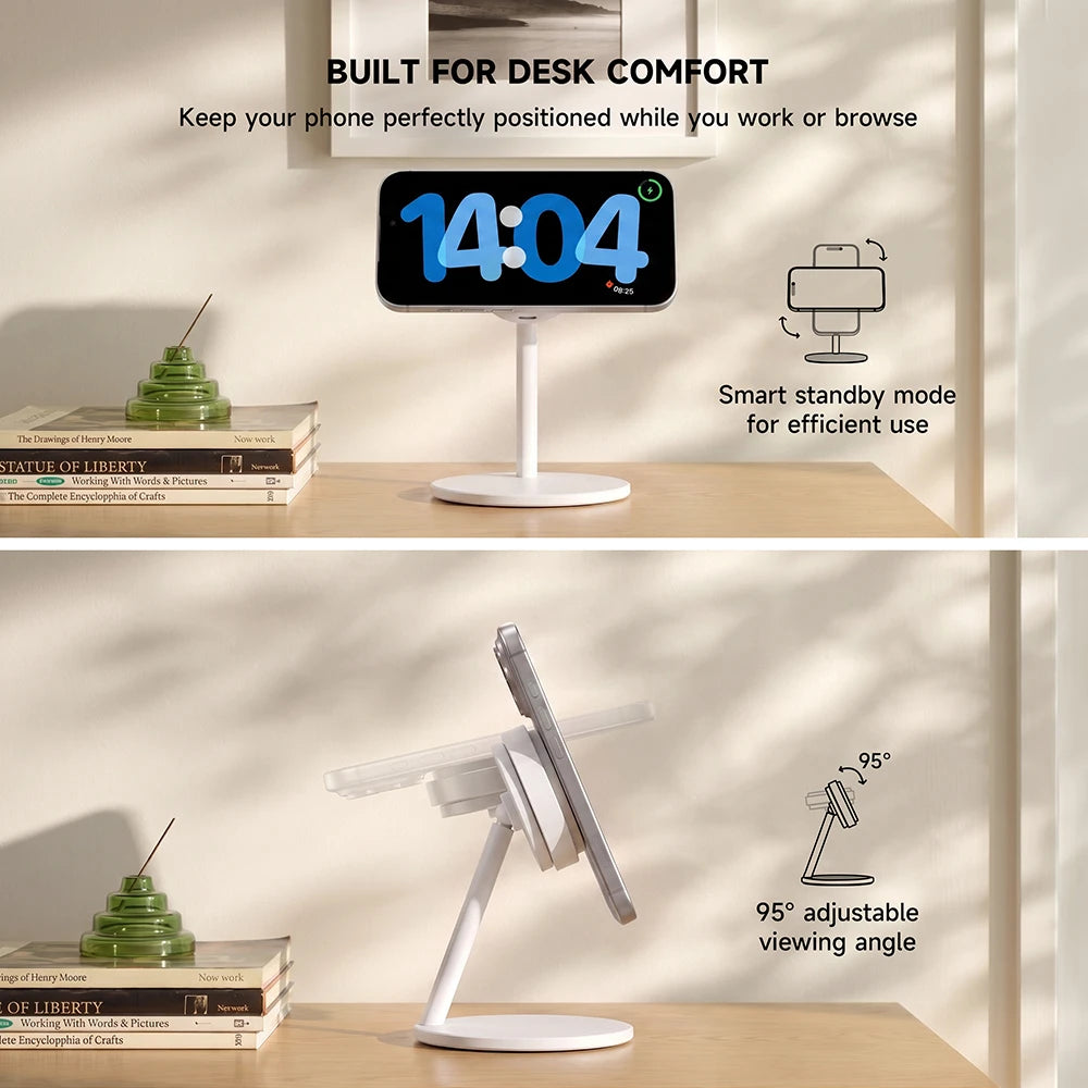 A white CoreDock adjustable wireless charging stand on a wooden desk in a styled interior setting, featuring callouts for desk comfort, smart standby mode, and a 95° adjustable viewing angle. #color_white