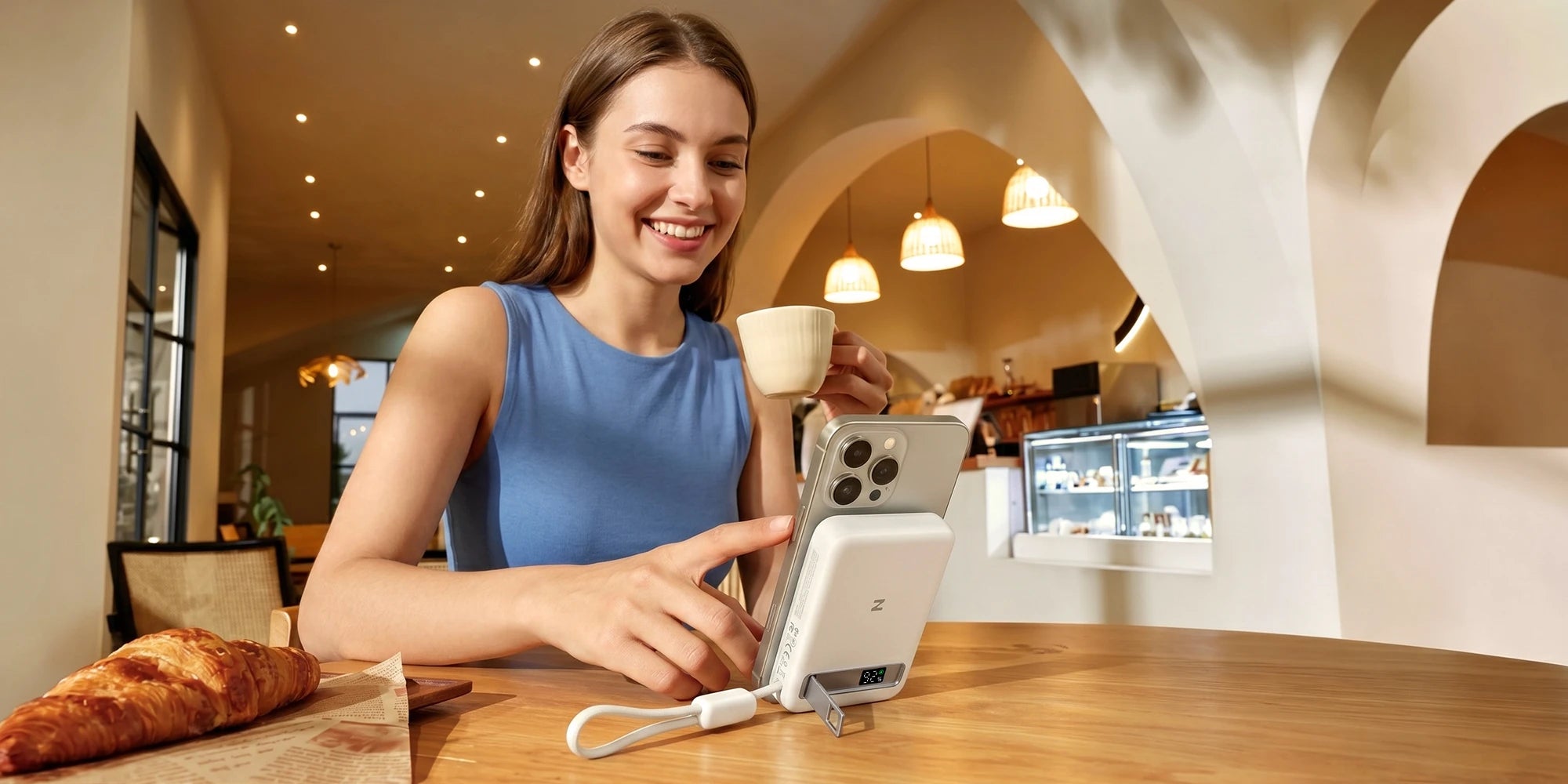 A woman using a smartphone in a modern café, with a MagAir power bank attached to the back, wirelessly charging the phone and supporting it in stand mode.