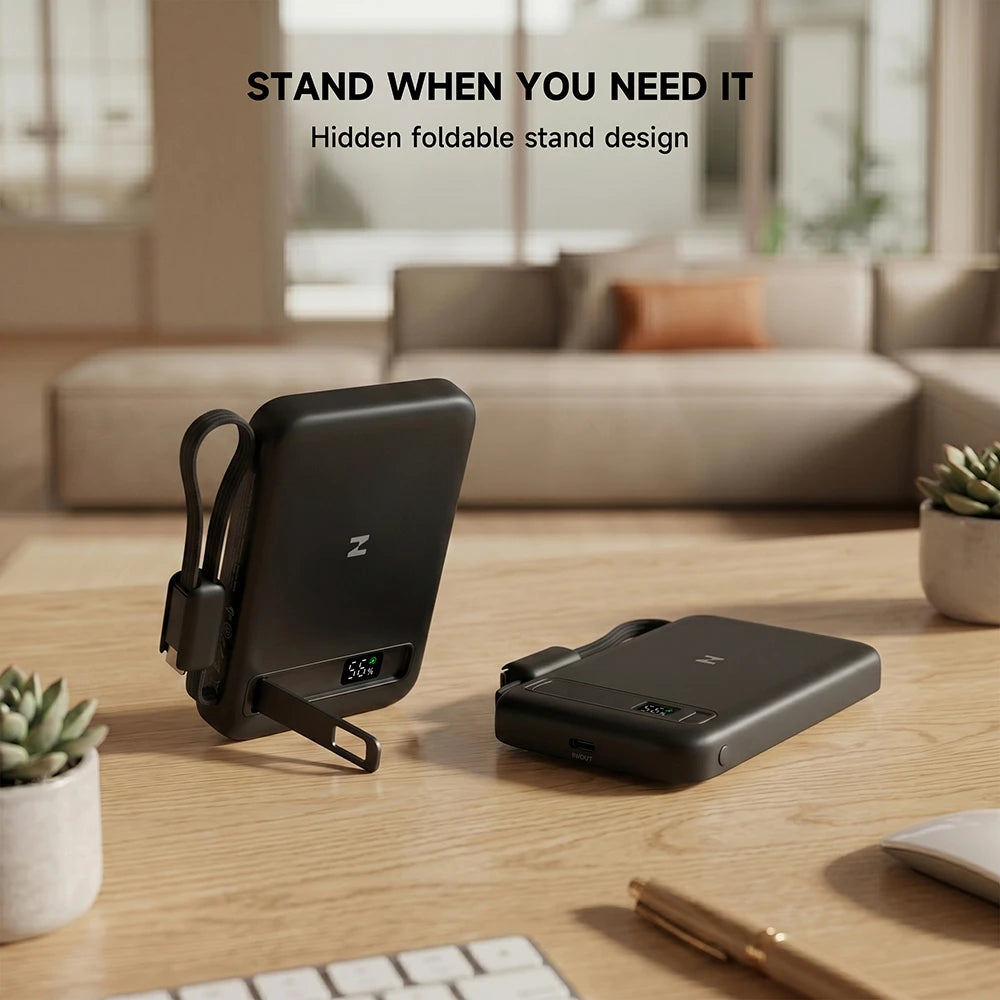 Black MagAir semi-solid-state magnetic power bank with a hidden foldable stand on a wooden table in a living room setting. #color_black
