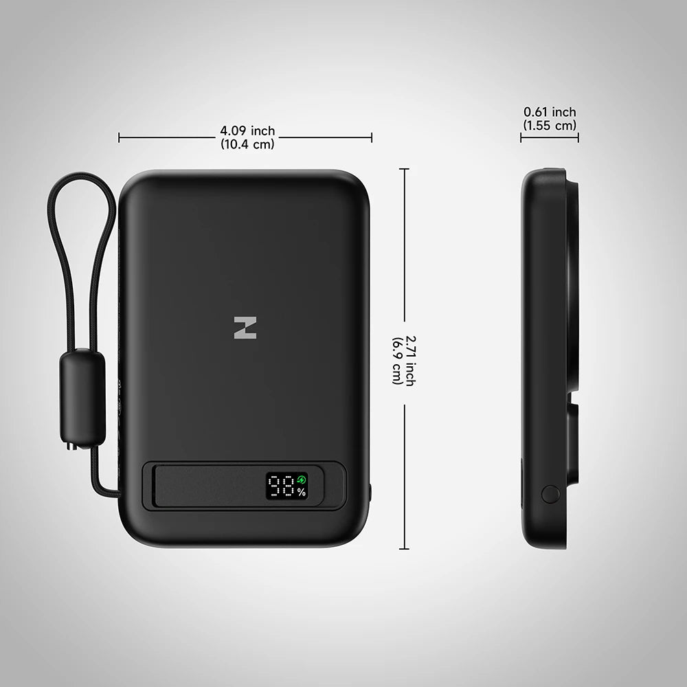 Black MagAir semi-solid-state magnetic power bank with dimensions and a detachable lanyard charging cable on a gray background. #color_black