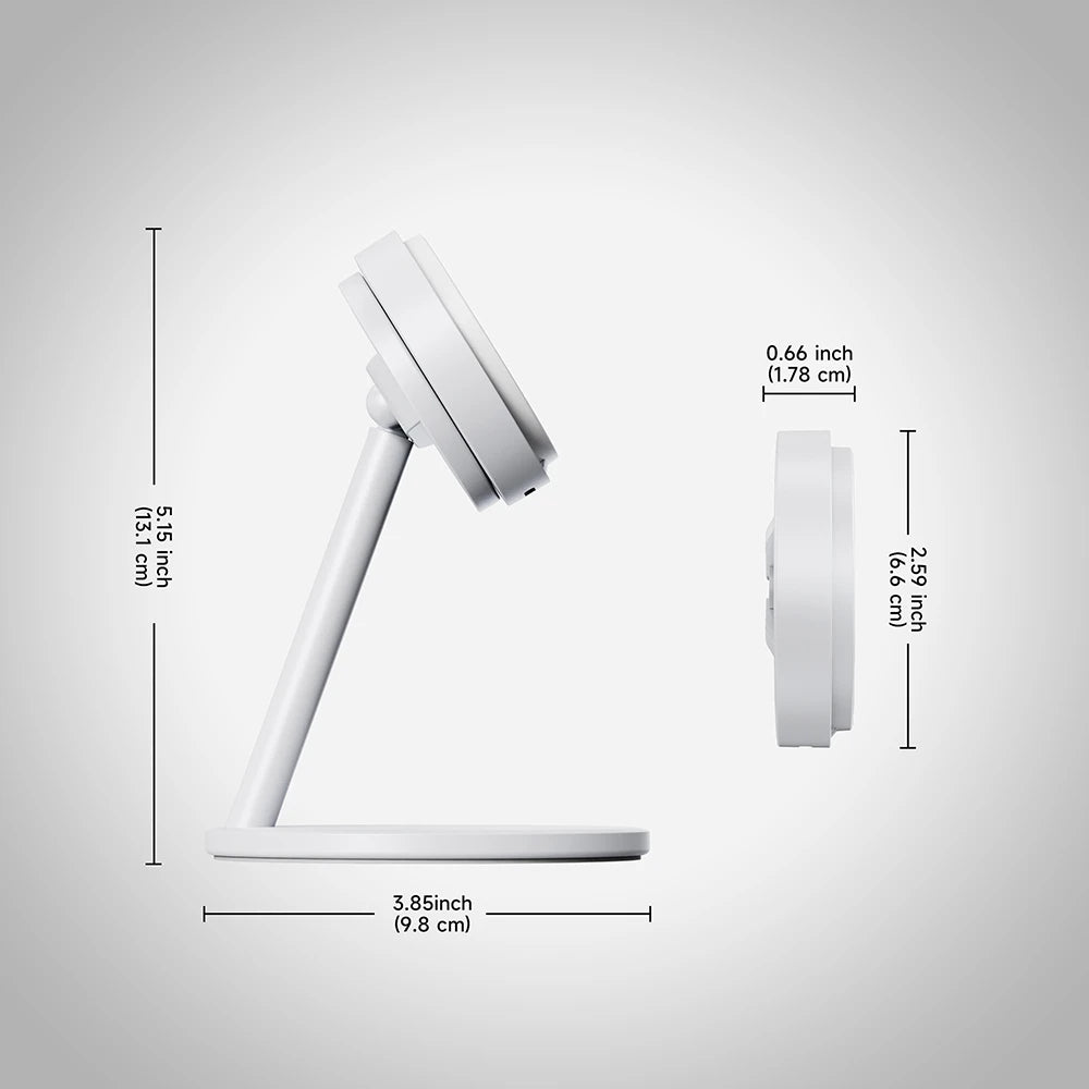 CoreDock white wireless charging stand with adjustable charging head and base, shown with dimension lines and measurements on a light gray background. #color_white