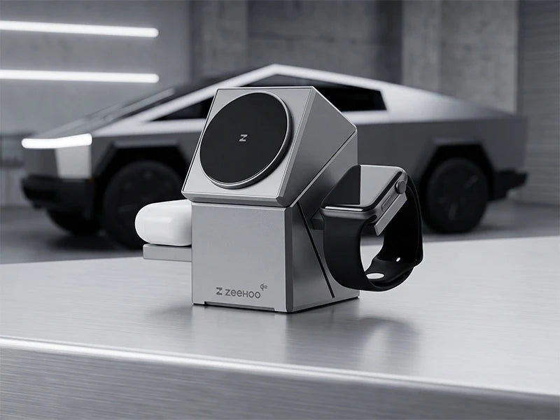 Gray ZEEHOO CubeTrick placed on a reflective surface, with a Tesla Cybertruck in the background.