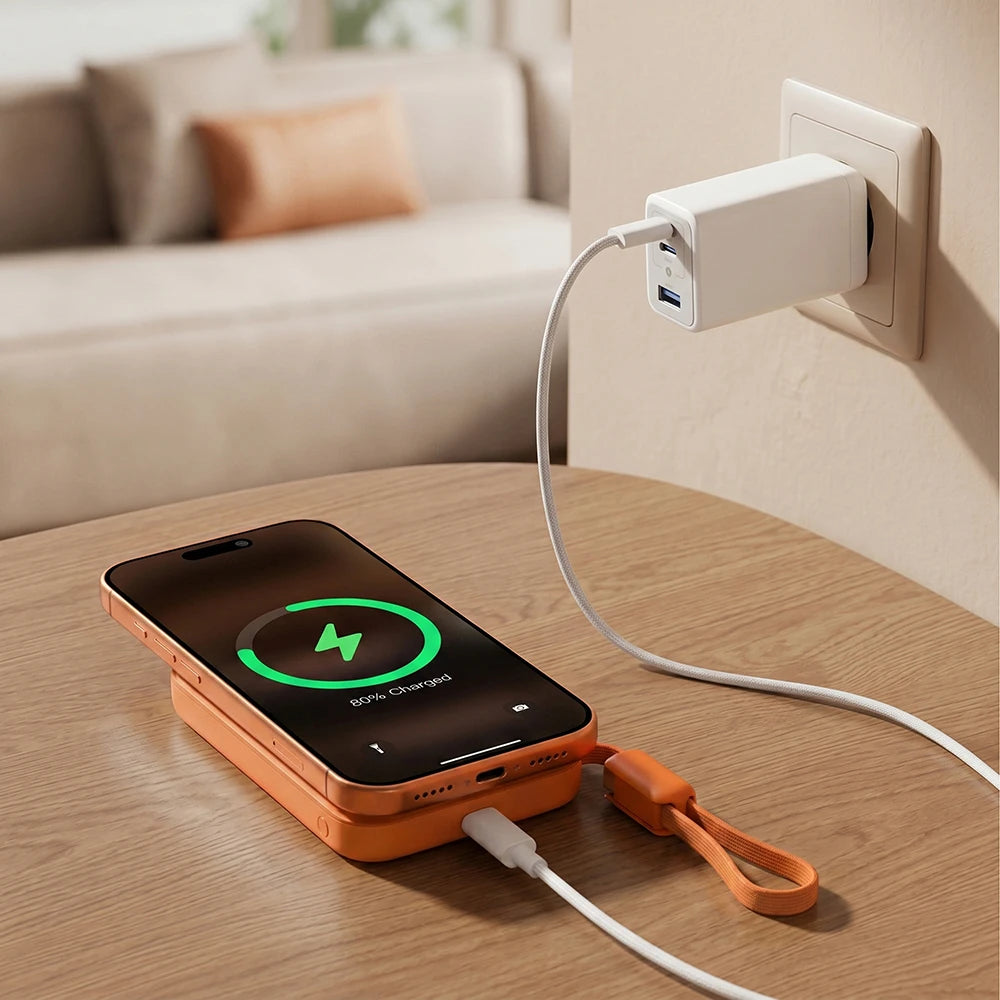 Orange MagAir magnetic wireless power bank charging from a wall outlet with a smartphone on a wooden table.
