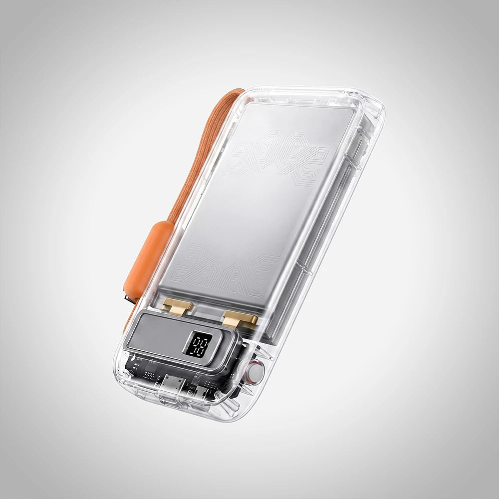 Orange MagAir semi-solid-state power bank on a light gray background, highlighting battery health protection features.