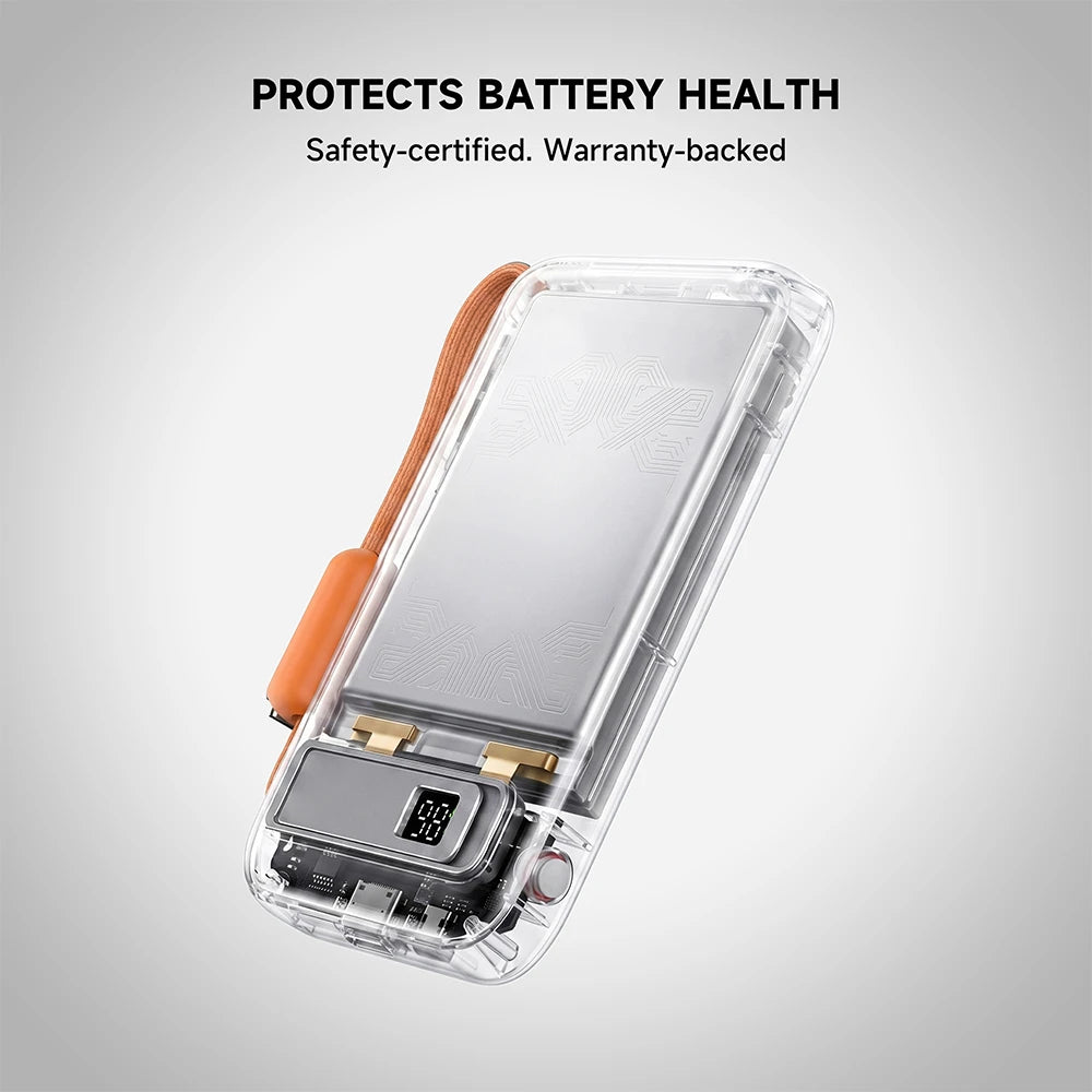 Orange MagAir semi-solid-state power bank on a light gray background with battery health protection information. #color_orange