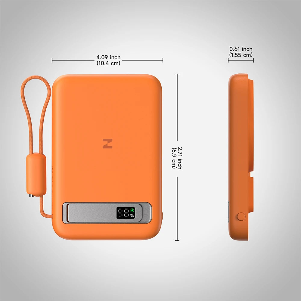 Orange MagAir semi-solid-state power bank with dimensions shown on a gray background. #color_orange