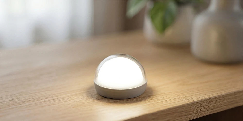 Small round ZEEHOO MagFlow light on a wooden surface with a blurred background.