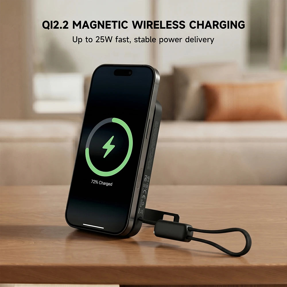 Smartphone charging on a MagAir magnetic power bank on a wooden surface, displaying charging progress. #color_black