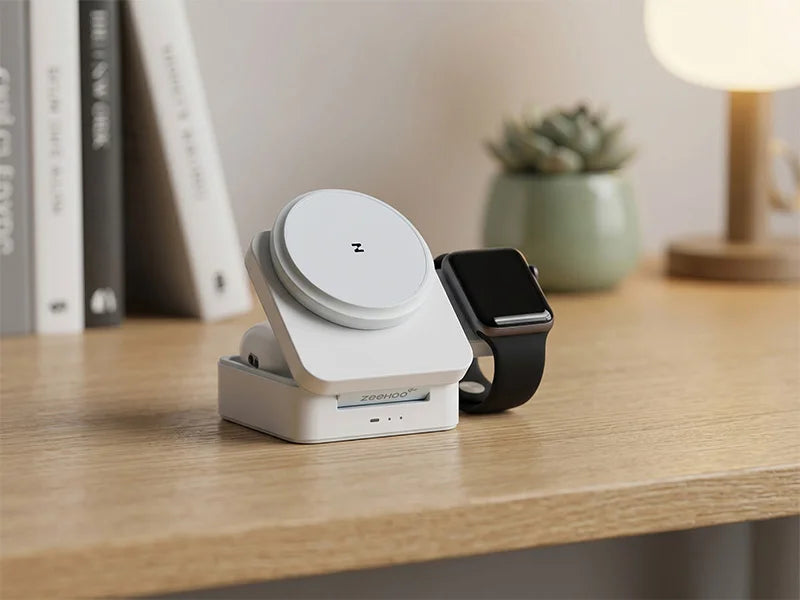 Smartwatch on a ZEEHOO FoldTrack charging stand on a wooden surface with books and a plant in the background.