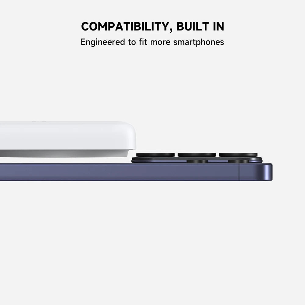 White MagAir semi-solid-state magnetic power bank with a raised wireless charging module, designed to fit smartphones with various camera bump designs. #color_white