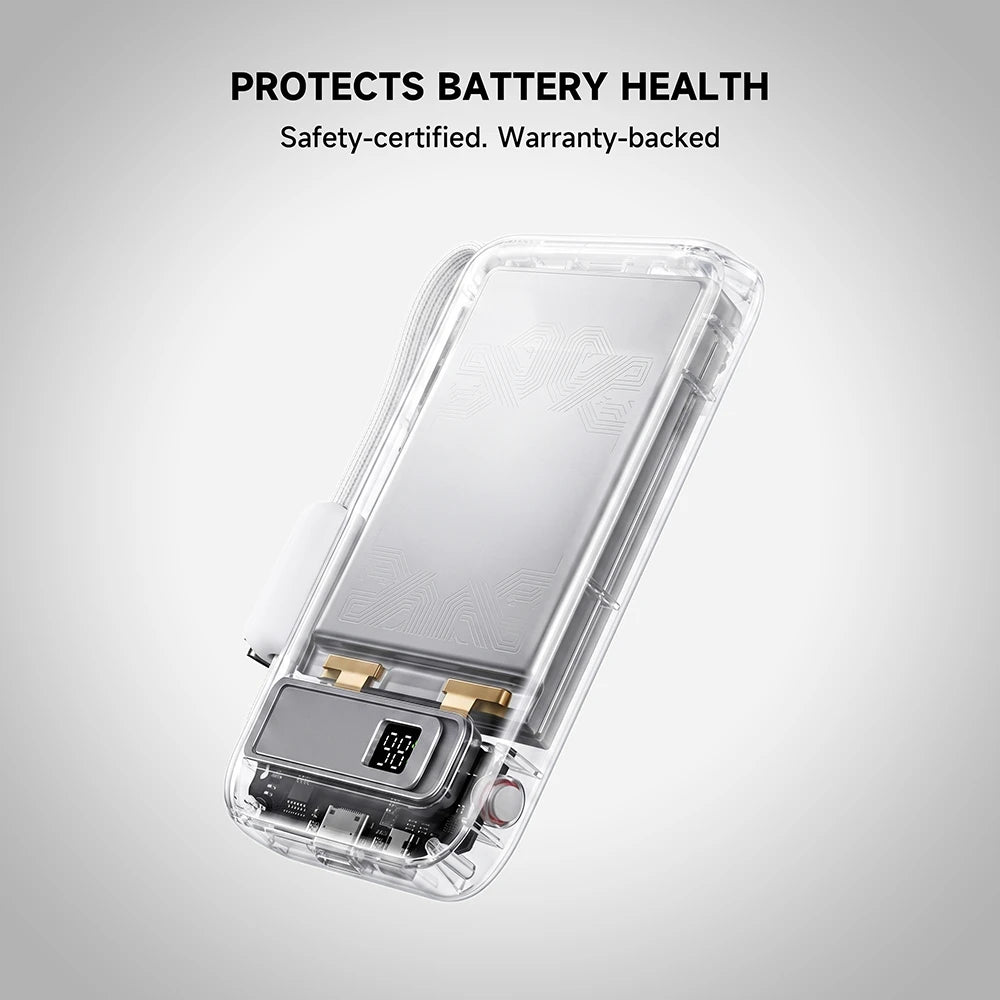 White MagAir semi-solid-state power bank on a light gray background with battery health protection information. #color_white