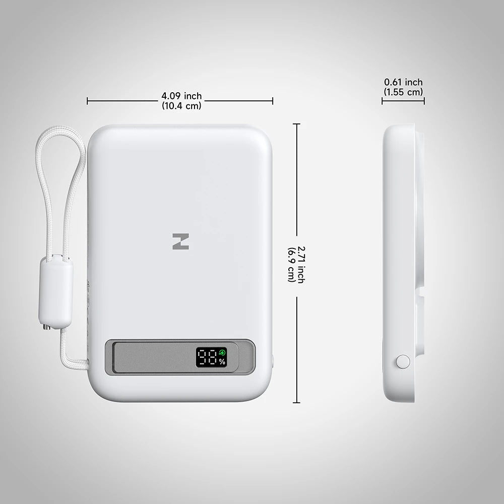 White MagAir semi-solid-state power bank with digital battery display and dimension markings on a light gray background. #color_white