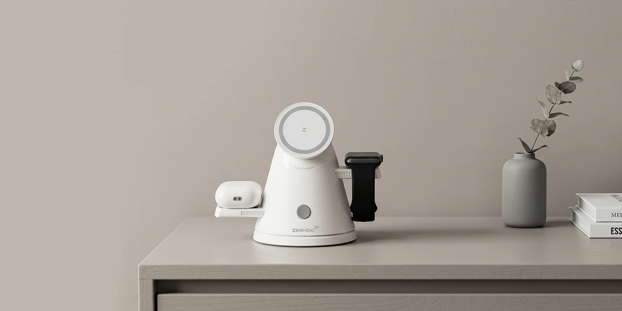 White ZEEHOO LuminoCore device on a wooden surface with a minimalistic background.