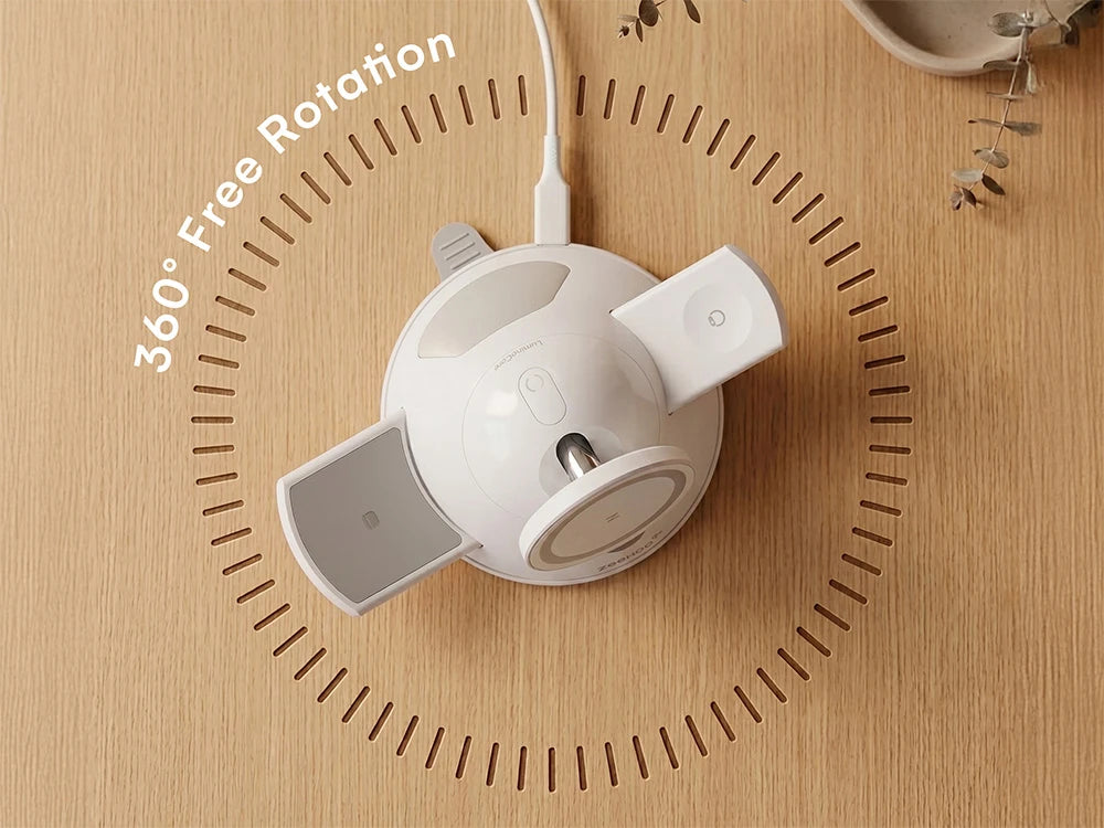 White ZEEHOO LuminoCore with 360-degree rotation feature on a wooden surface.