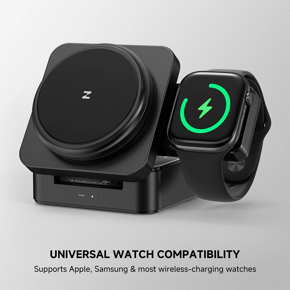 ZEEHOO FoldTrack black wireless charging dock charging a smartwatch, displayed on a gray background for a clean product showcase. #color_black