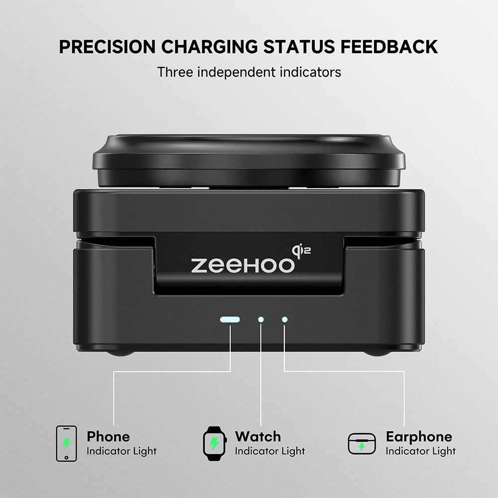 ZEEHOO FoldTrack black wireless charging dock with ZEEHOO branding displayed on a gray background for a clean product showcase. #color_black