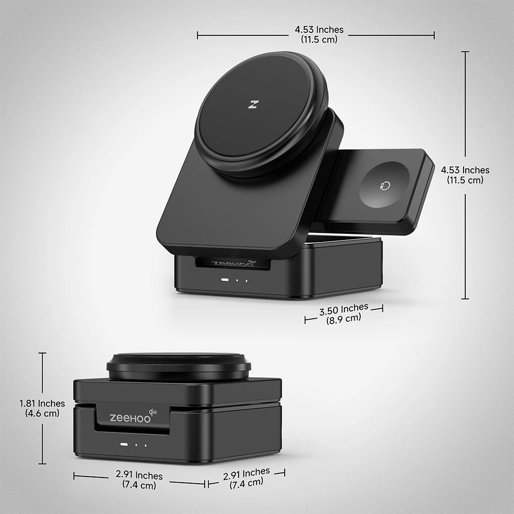 ZEEHOO FoldTrack black wireless charging stand displayed on a gray background with product dimensions labeled for size reference. #color_black