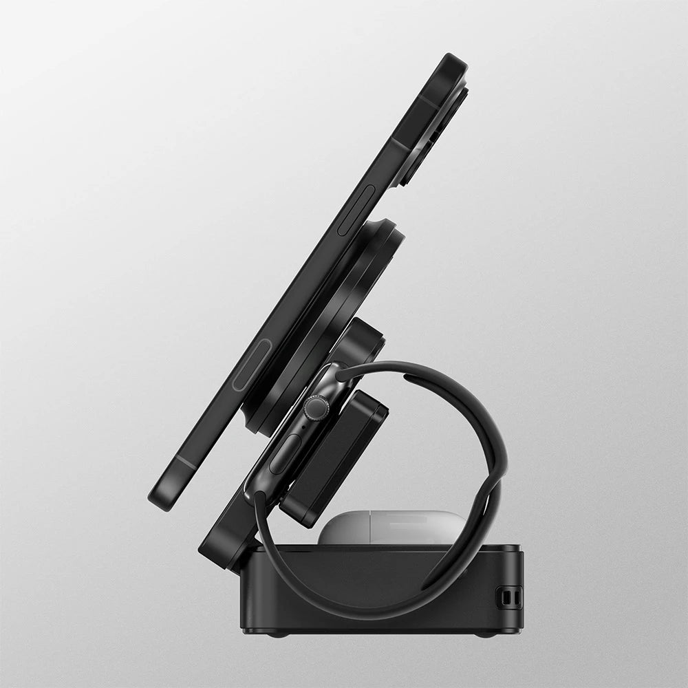 ZEEHOO FoldTrack black wireless charging stand featuring screen and circular design component, displayed on a light gray background for product showcase. #color_black