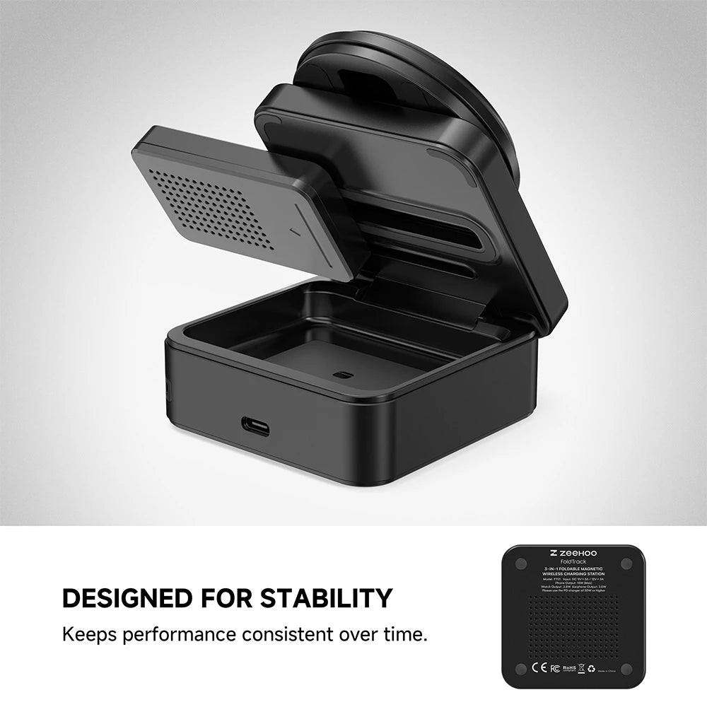 ZEEHOO FoldTrack black wireless charging stand with open cover design, displayed on a gray background, engineered for stable and secure charging. #color_black