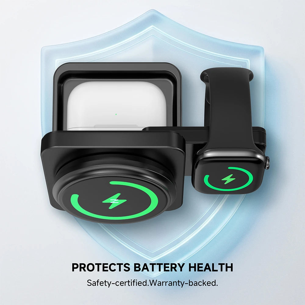ZEEHOO FoldTrack black wireless charging stand with smartwatch and fitness band on a shield-themed background, optimized for safe charging and battery health protection. #color_black