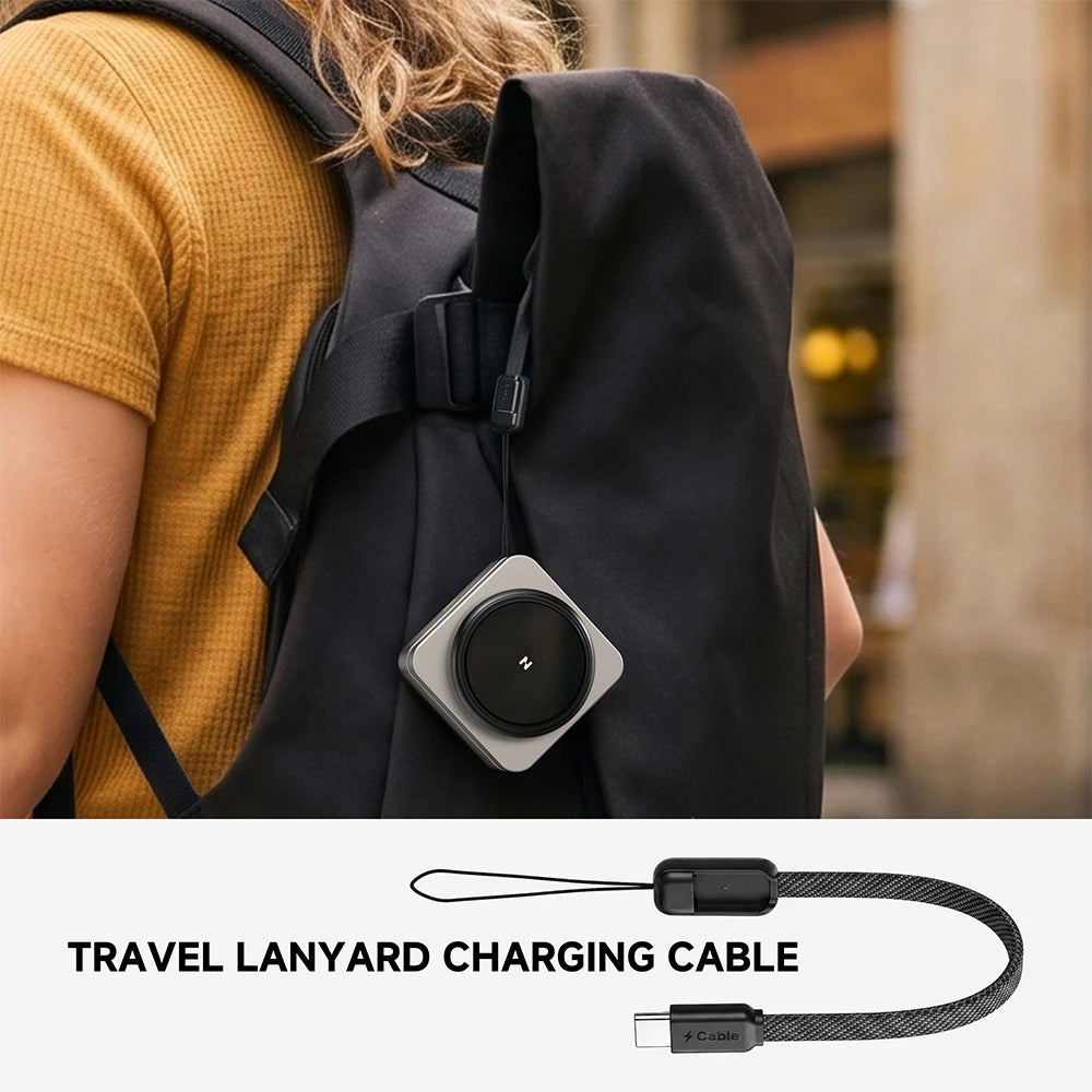 ZEEHOO FoldTrack champagne foldable wireless charging device with integrated travel lanyard charging cable, designed for portable on-the-go charging in a travel environment. #color_champagne