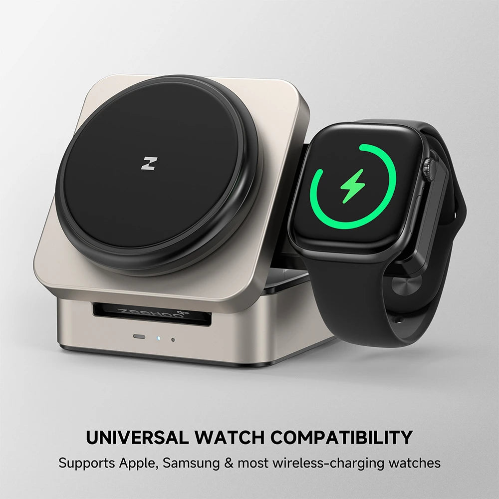 ZEEHOO FoldTrack champagne wireless charging stand charging a smartwatch, displayed on a gray background for a clean product showcase. #color_champagne