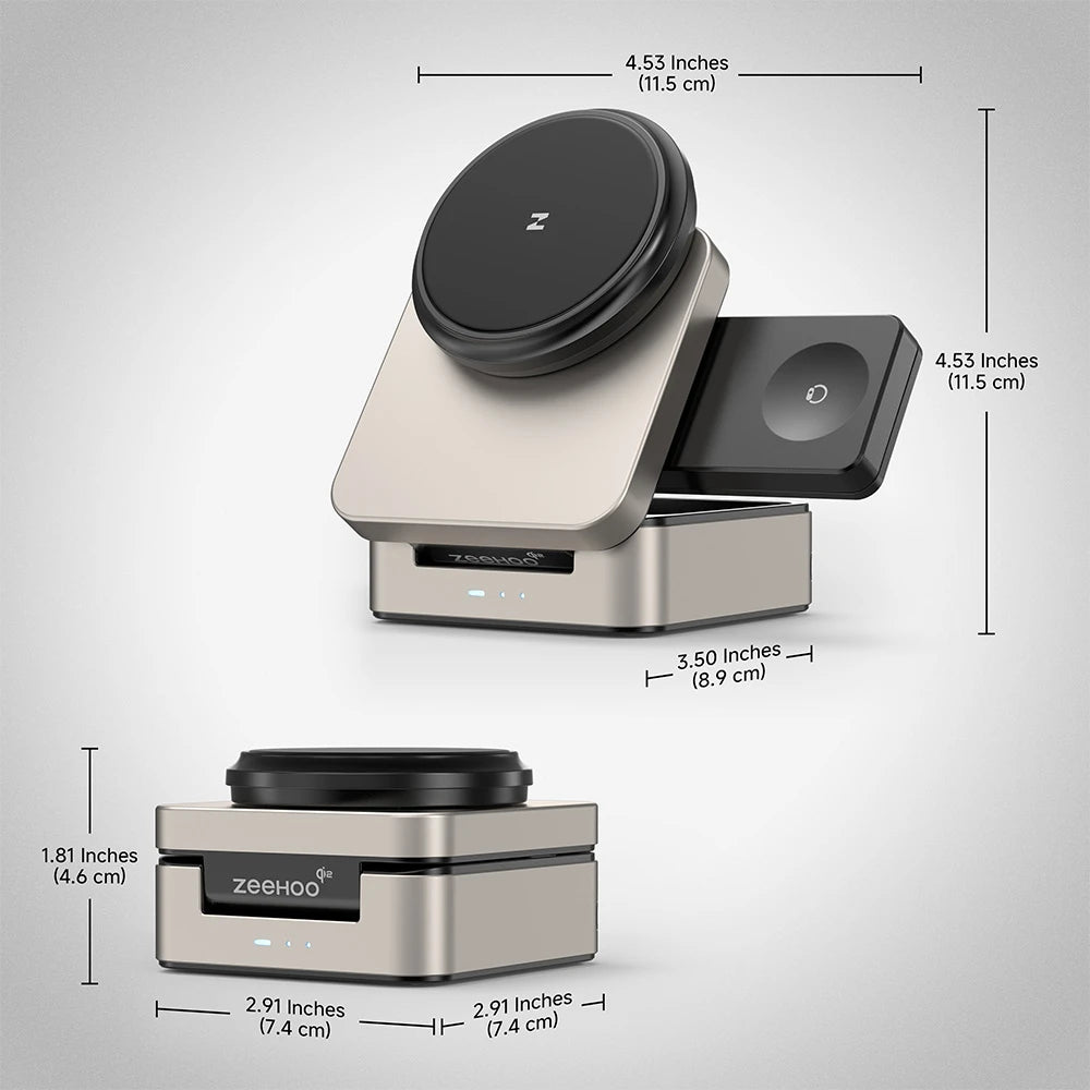 ZEEHOO FoldTrack champagne wireless charging stand displayed on a light gray background with product dimensions labeled for size reference. #color_champagne