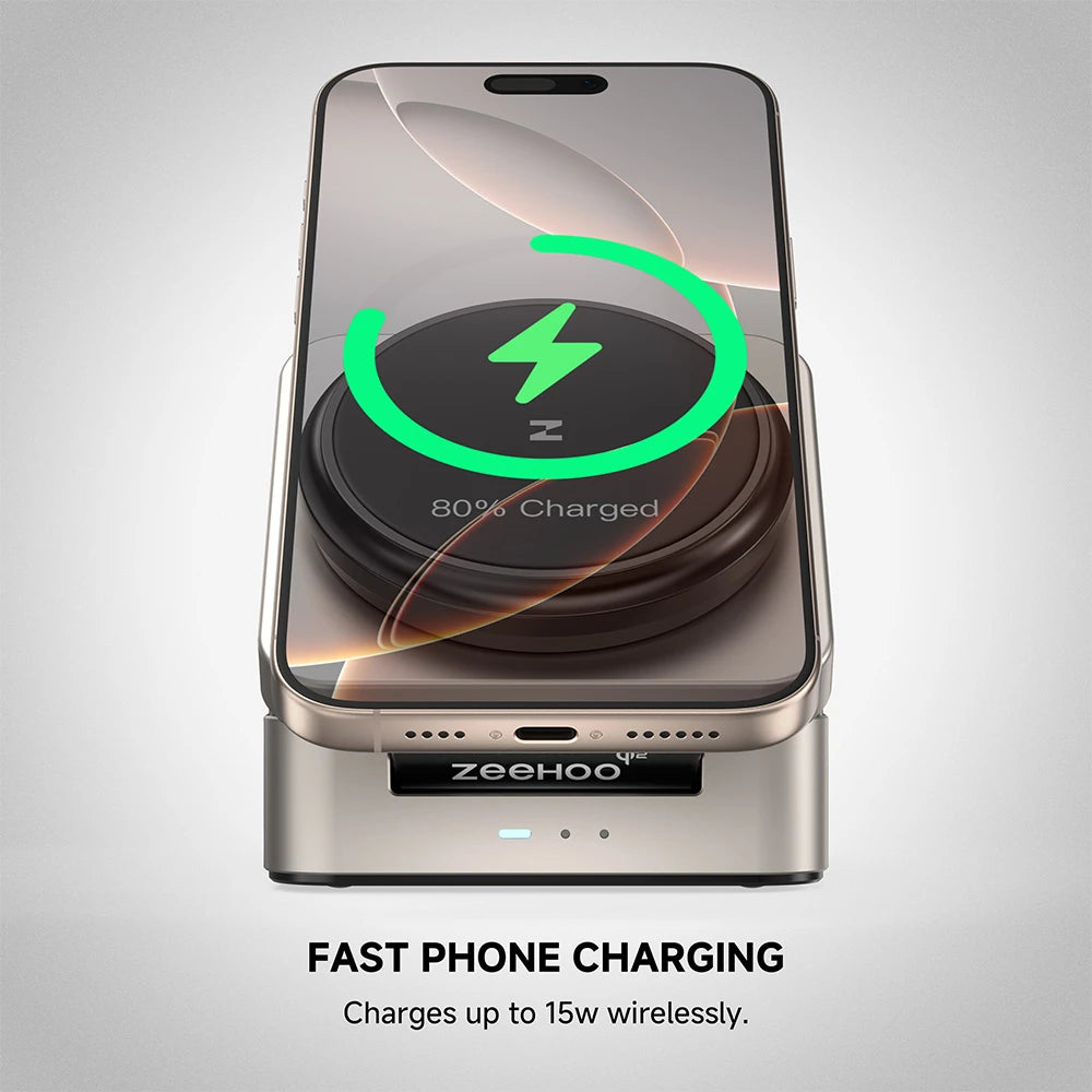 ZEEHOO FoldTrack champagne wireless charging stand with ZEEHOO branding displayed on a gray background for a clean product showcase. #color_champagne