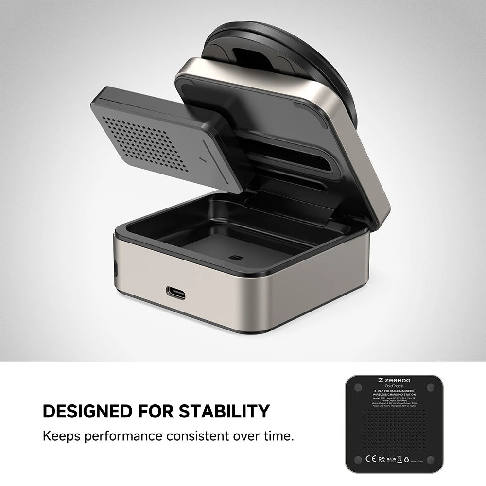 ZEEHOO FoldTrack champagne wireless charging stand with open cover design, displayed on a gray background, engineered for stable and secure charging. #color_champagne