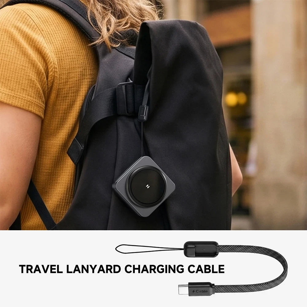 ZEEHOO FoldTrack gray foldable wireless charging device with integrated travel lanyard charging cable, designed for portable charging in an urban environment. #color_gray