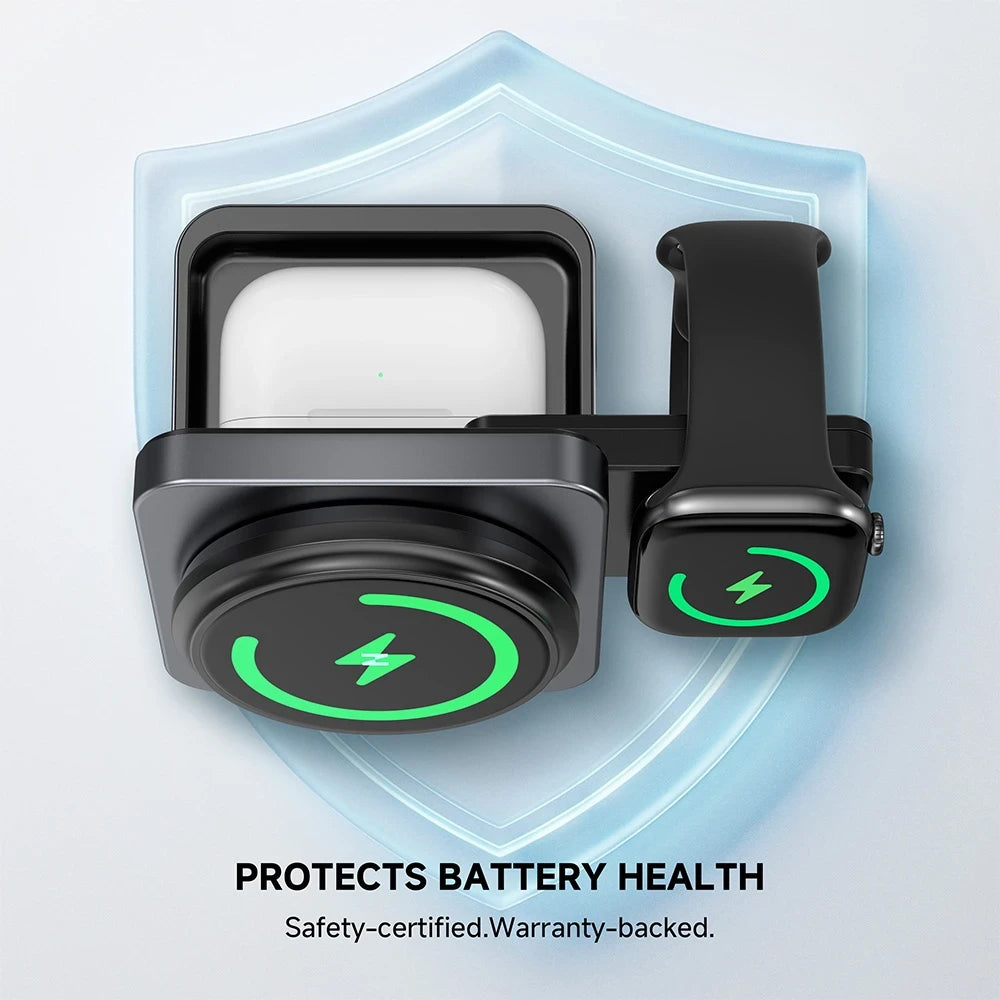 ZEEHOO FoldTrack gray wireless charging stand charging smartwatch and wearable device on a shield-shaped background, optimized for safe charging and battery health protection. #color_gray