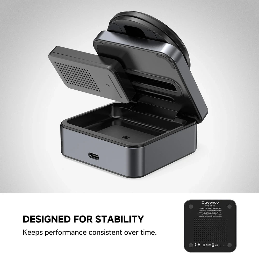 ZEEHOO FoldTrack gray wireless charging stand with open cover design, displayed on a gray background with ZEEHOO branding for a clean product showcase. #color_gray
