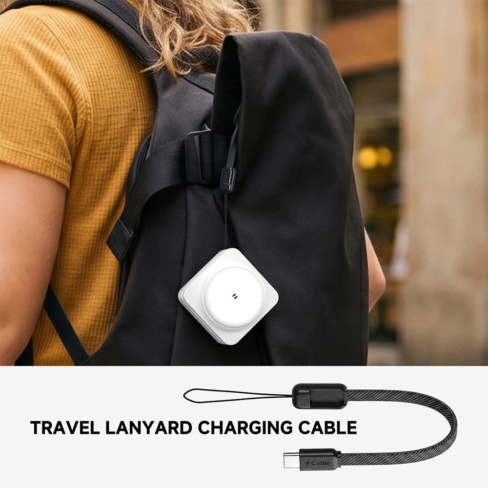 ZEEHOO FoldTrack white wireless charging device with travel-ready lanyard charging cable, designed for portable charging in travel scenarios. #color_white