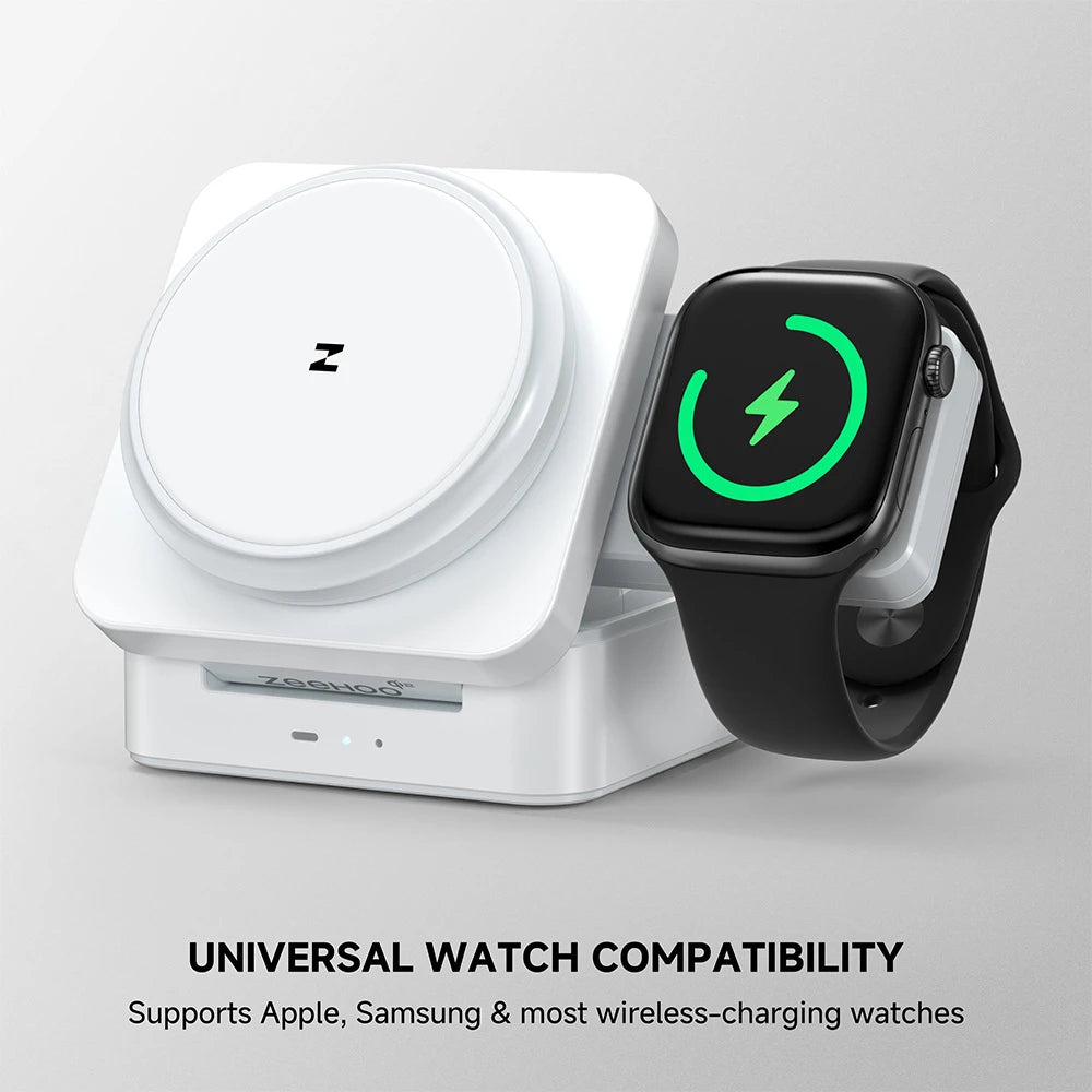 ZEEHOO FoldTrack white wireless charging dock charging a smartwatch, displayed on a gray background for a clean product showcase. #color_white