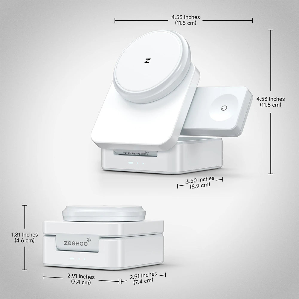 ZEEHOO FoldTrack white wireless charging stand displayed on a gray background with product dimensions labeled for size reference. #color_white