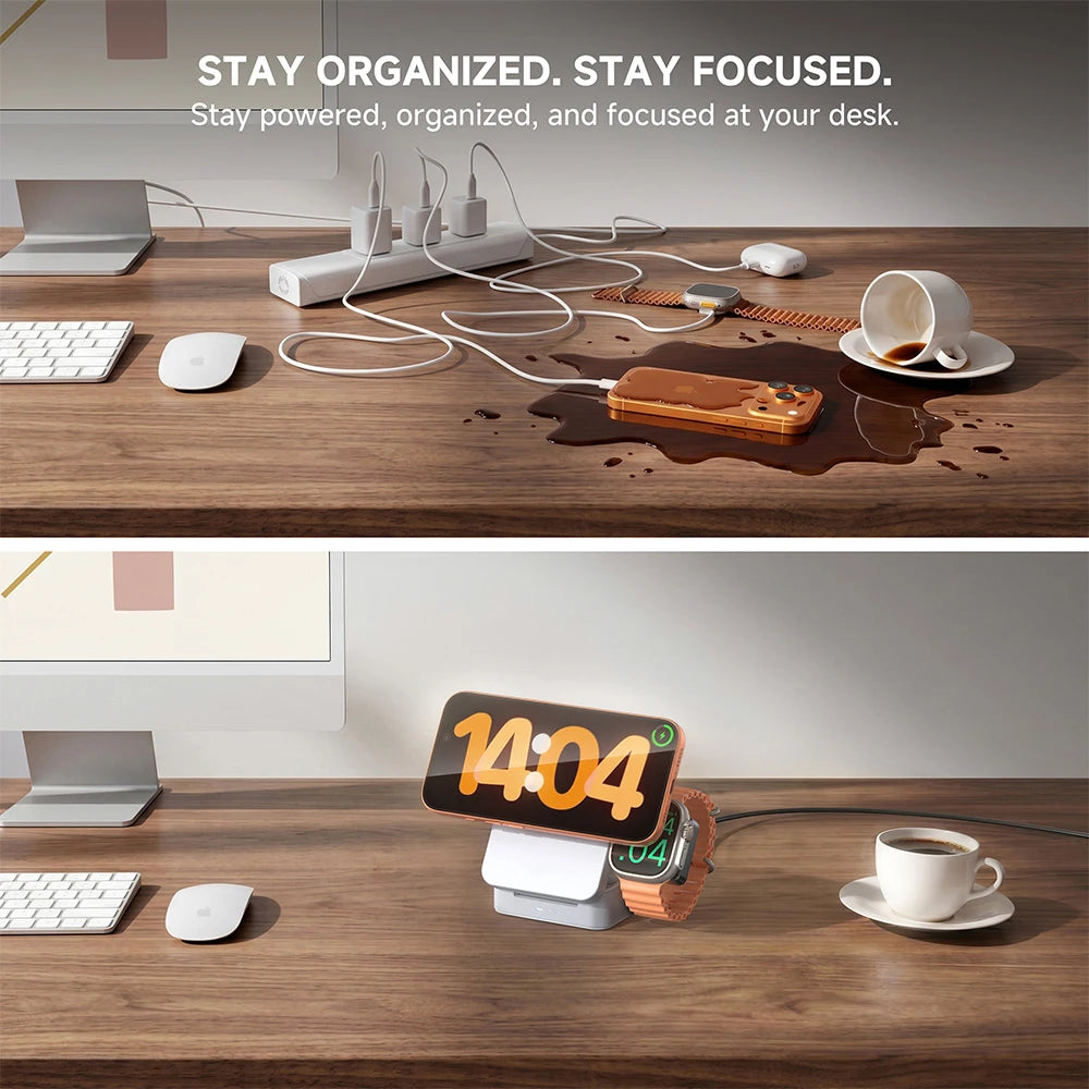ZEEHOO FoldTrack white wireless charging stand on a desk with digital clock, smartphone, and coffee cup, promoting an organized and focused workspace environment. #color_white
