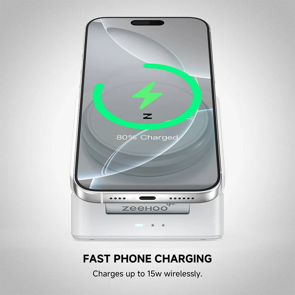 ZEEHOO FoldTrack white wireless charging stand with smartphone on a gray background, displaying charging progress for real-time power status. #color_white