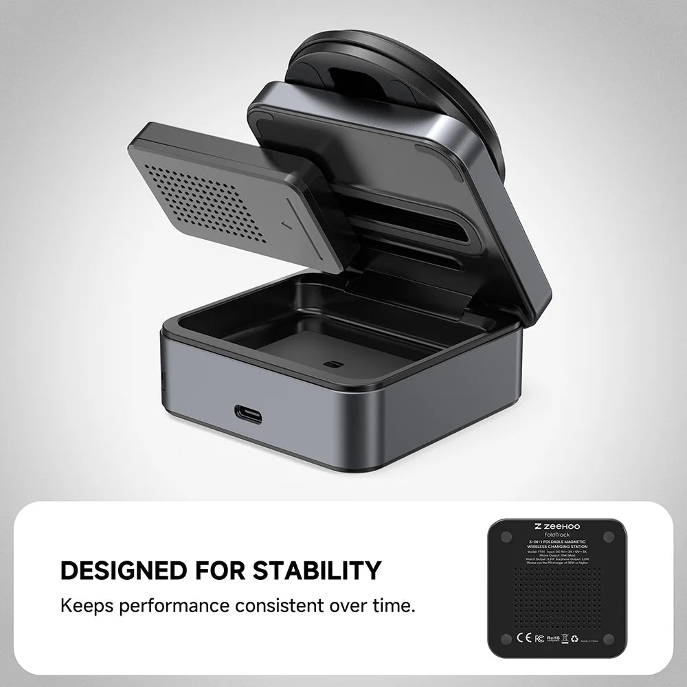 ZEEHOO FoldTrack wireless charging stand featuring advanced heat dissipation design for stable and efficient charging performance.
