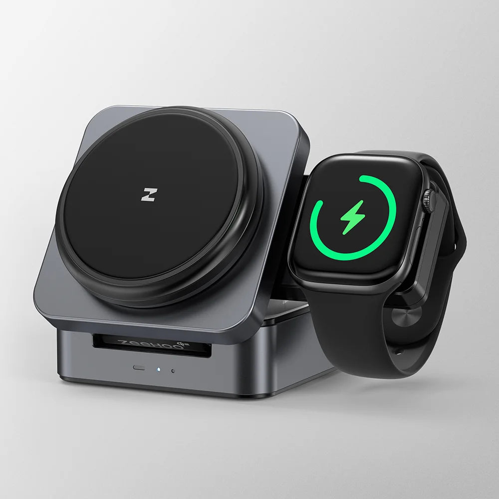 ZEEHOO FoldTrack wireless charging stand supporting multiple smartwatches including Apple Watch and Galaxy Watch on a clean background