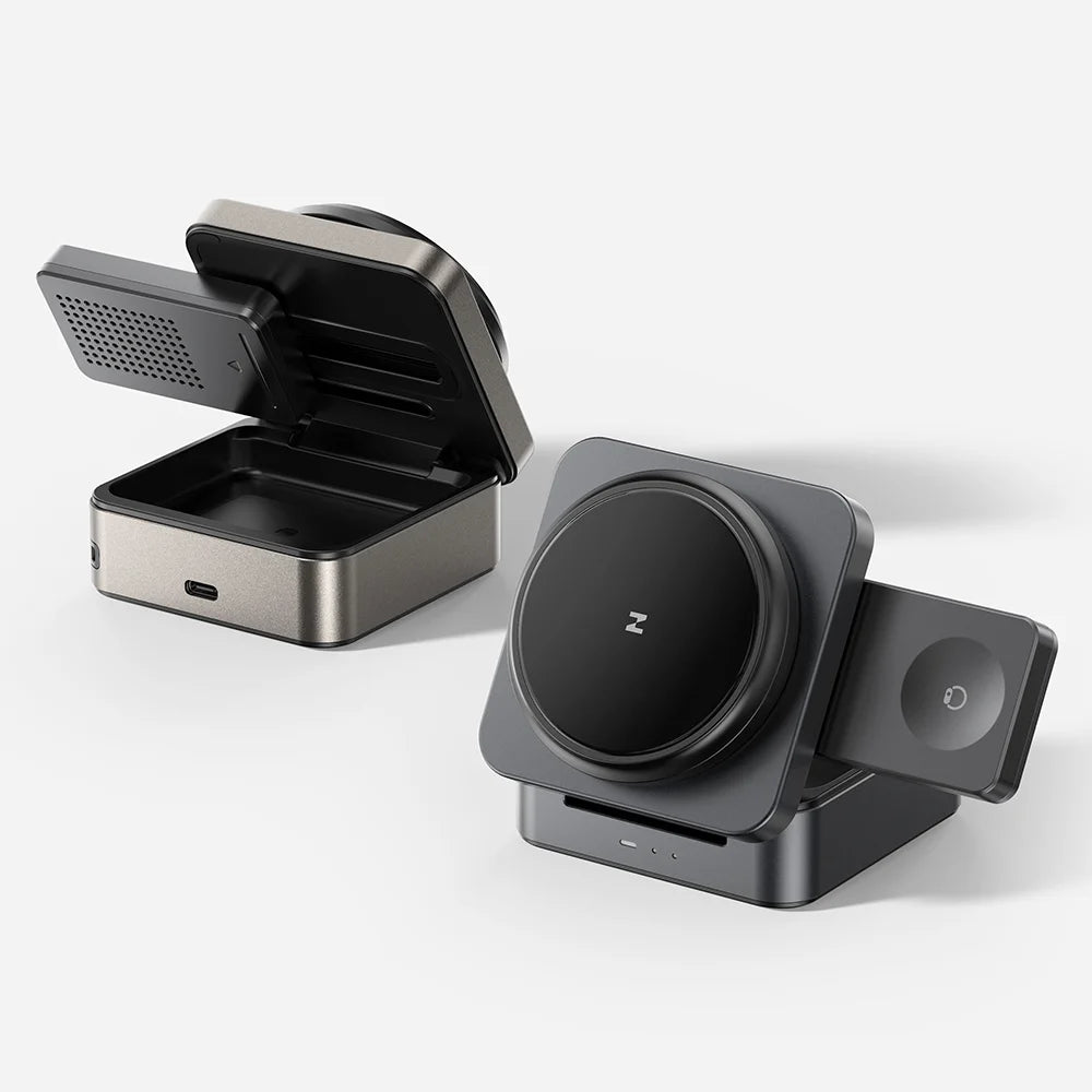 ZEEHOO FoldTrack wireless charging stands in gray and champagne finishes on a clean background, showcasing premium metal housing with refined texture, durability, and a solid desktop presence.