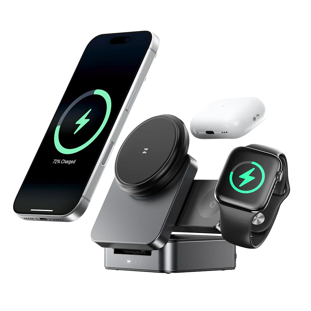 ZEEHOO FoldTrack wireless charging station with smartphone, smartwatch, and earbuds on a white background.