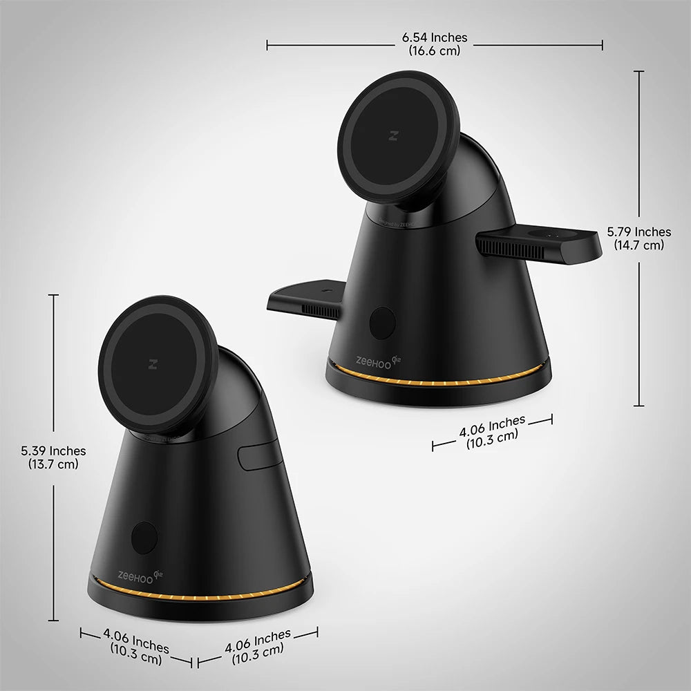ZEEHOO LuminoCore black 4-in-1 wireless charging stand displayed on a gray background with product dimensions labeled for size reference. #color_black