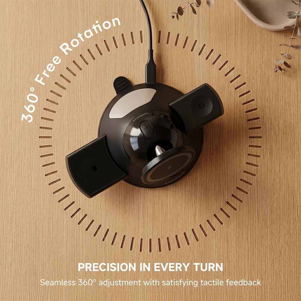 ZEEHOO LuminoCore black 4-in-1 wireless charging station featuring 360-degree rotation on a wooden surface, engineered for precise angle adjustment and stable positioning. #color_black