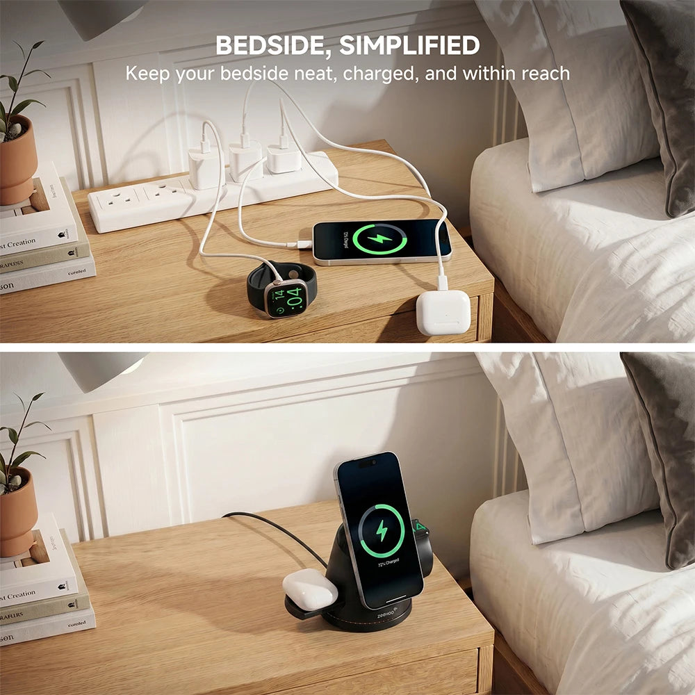 Bedside setup with charging devices on a nightstand, including a phone, watch, and charger. #color_black
