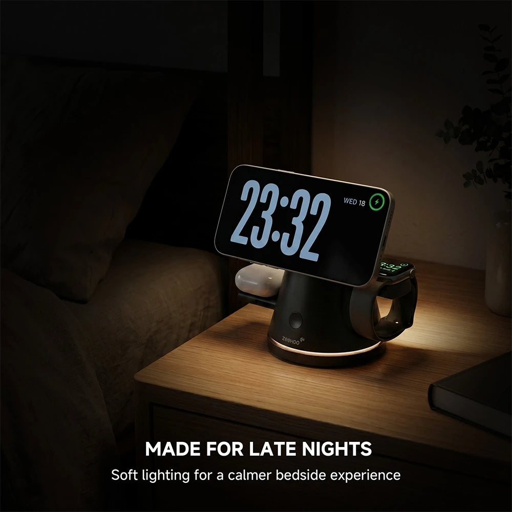 ZEEHOO LuminoCore black 4-in-1 wireless charging station on a bedside nightstand with digital clock display and soft ambient lighting, designed for nighttime use in a dark room. #color_black
