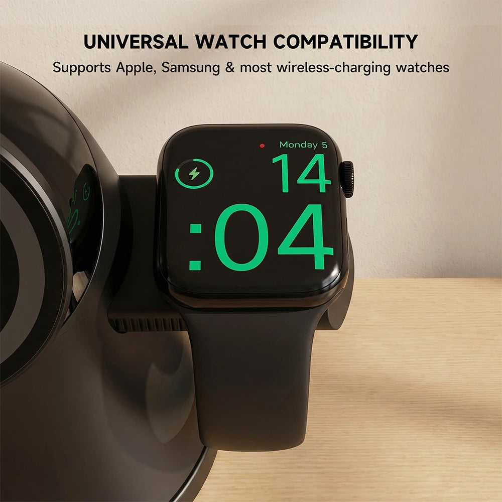 ZEEHOO LuminoCore black 4-in-1 wireless charging station with smartwatch on a desk, featuring universal compatibility across devices. #color_black