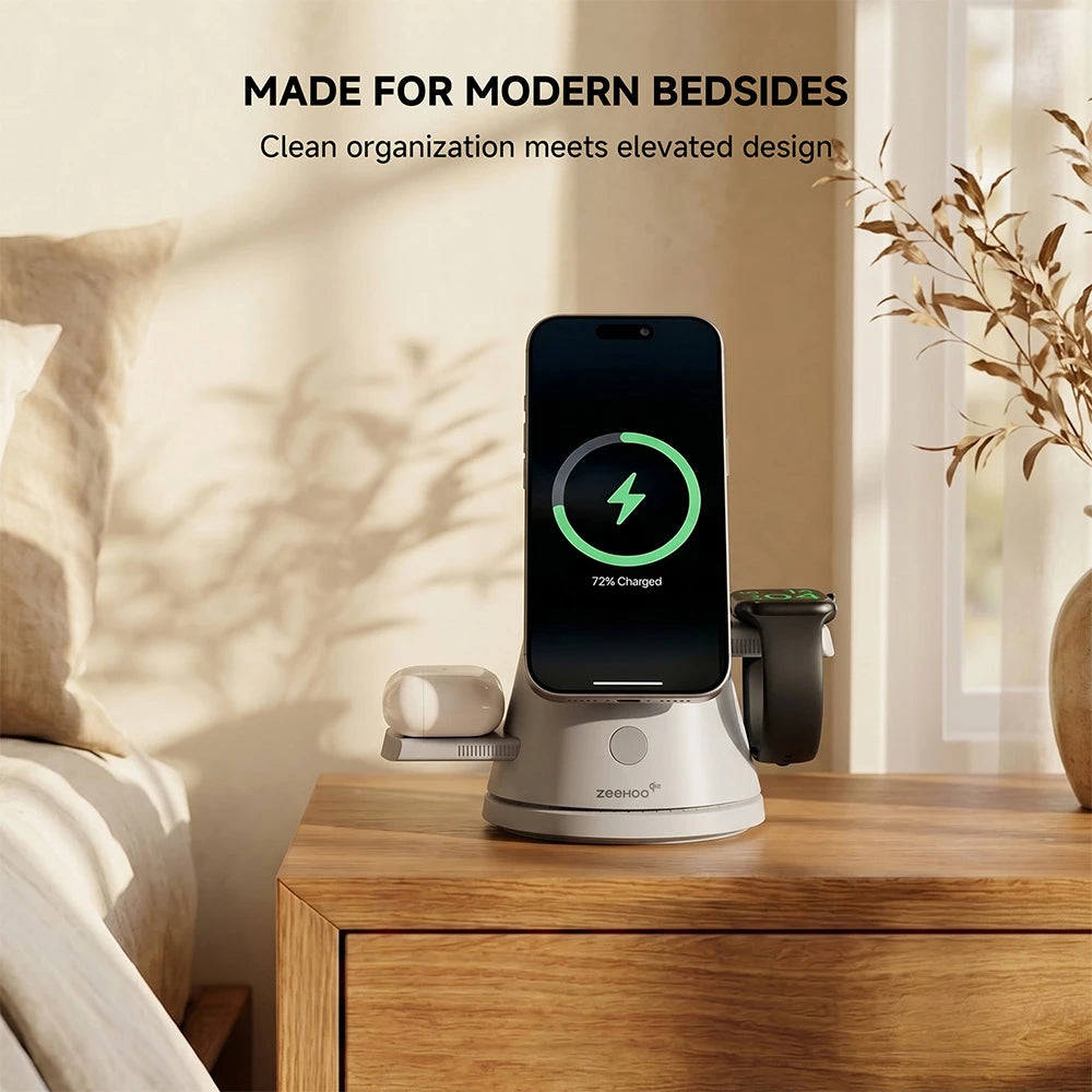 ZEEHOO LuminoCore gray 4-in-1 wireless charging station on a bedside table, charging smartphone, Apple Watch, and AirPods in a modern bedroom setup. #color_gray