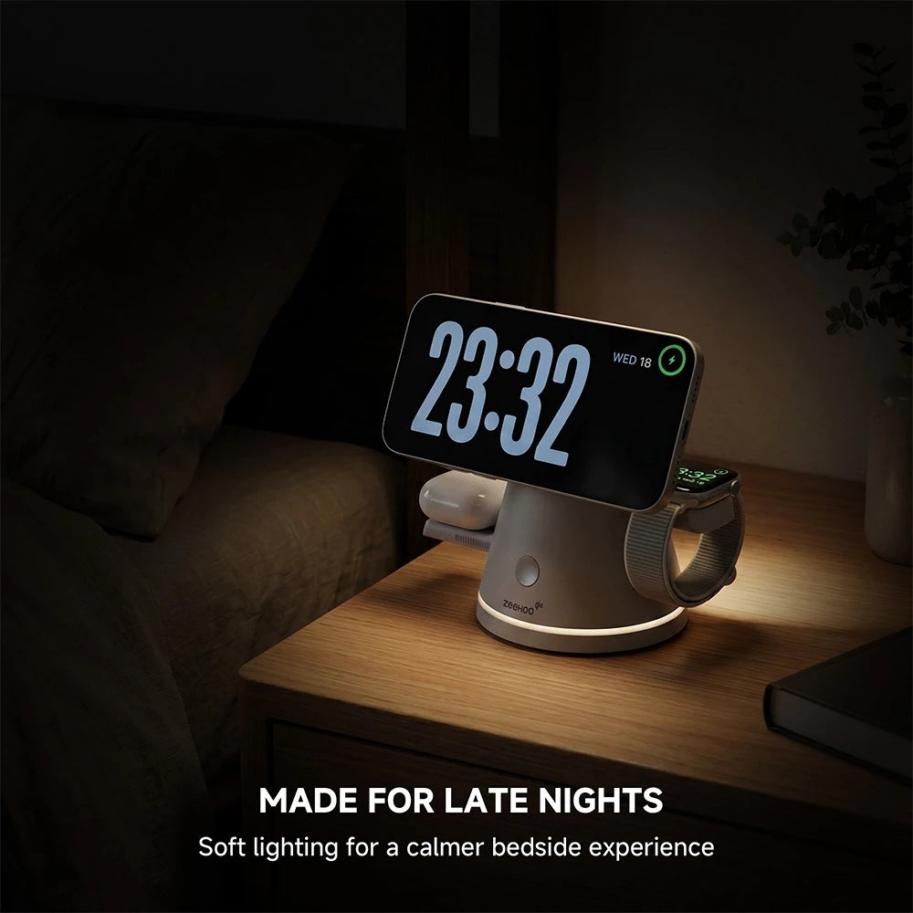 ZEEHOO LuminoCore gray 4-in-1 wireless charging station on a bedside table with digital clock display, designed for late-night charging convenience. #color_gray